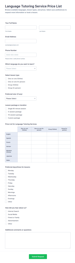Language Tutoring Service Price List Form Template