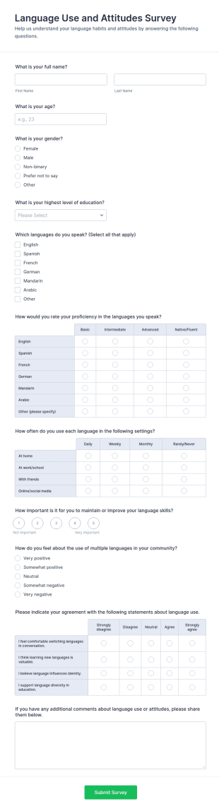 Language Use And Attitudes Survey Form Template