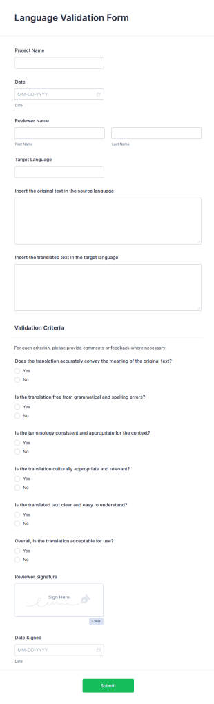 Language Validation Form Template