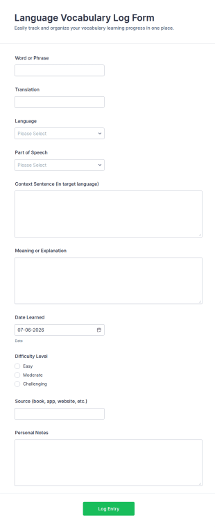 Language Vocabulary Log Form Template