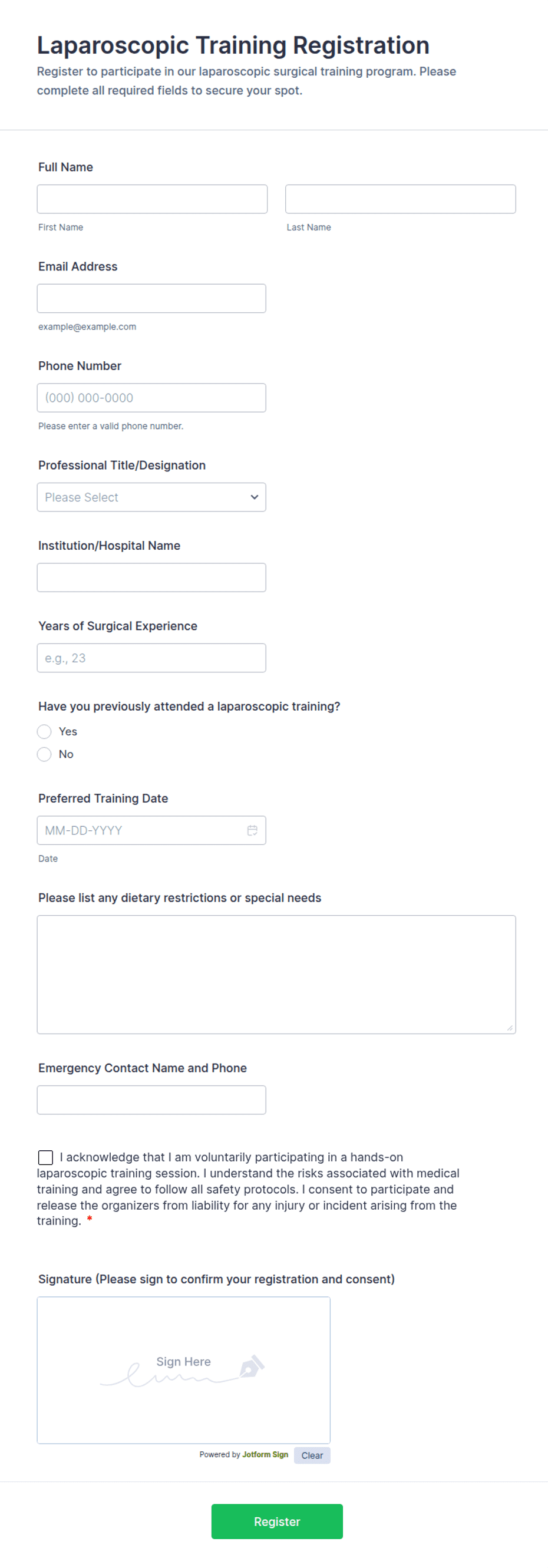 Form R Part A Sample Laparoscopic Training Registration Form Template | Jotform