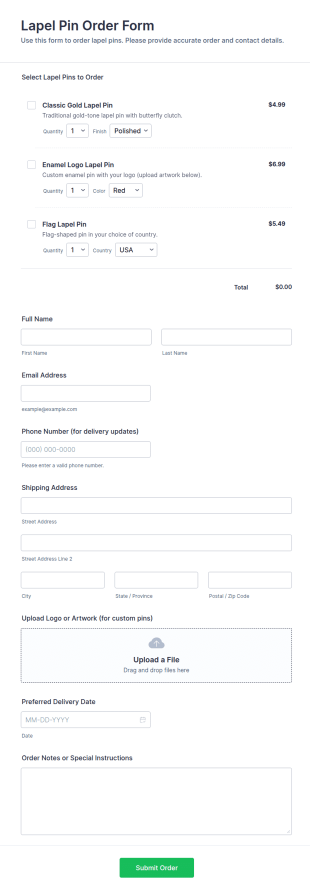 Lapel Pin Order Form Template
