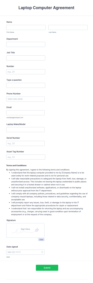 Laptop Computer Agreement Form Template