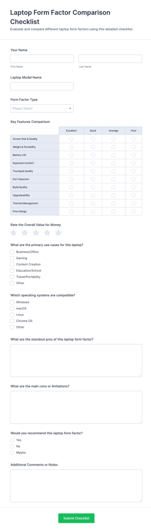 Laptop Form Factor Comparison Checklist Form