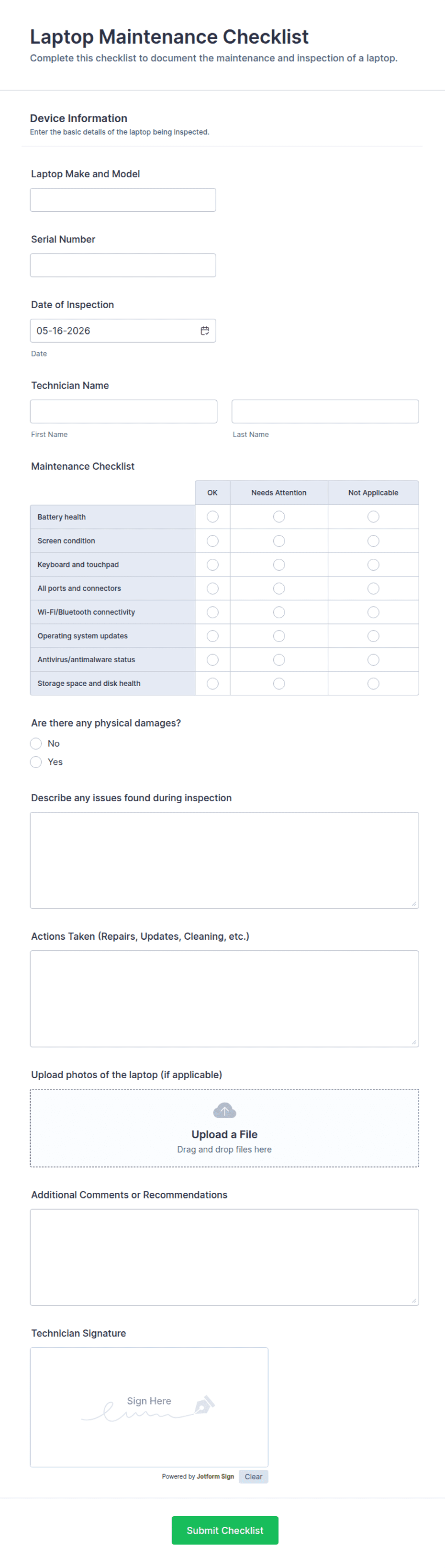 Laptop Maintenance Checklist Form Template | Jotform