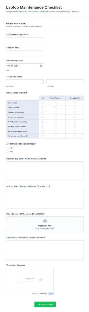 Laptop Maintenance Checklist Form Template