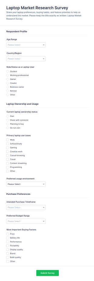 Laptop Market Research Survey Form Template