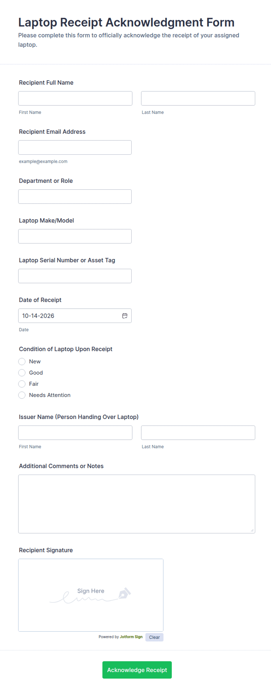 Asknowledgment Form Laptop Receipt Acknowledgment Form Template | Jotform