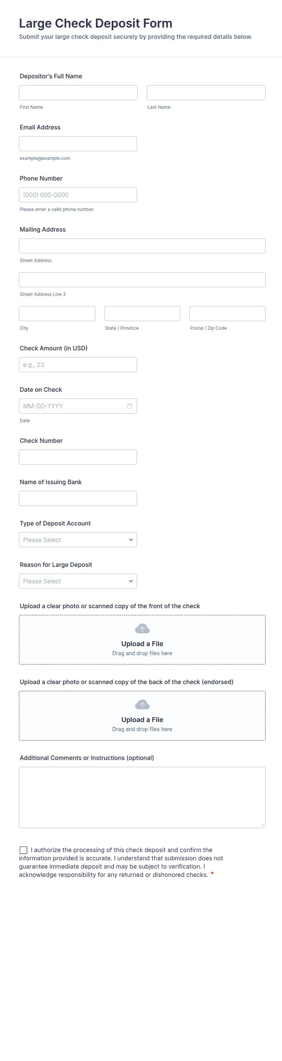 Large Check Deposit Form Template | Jotform