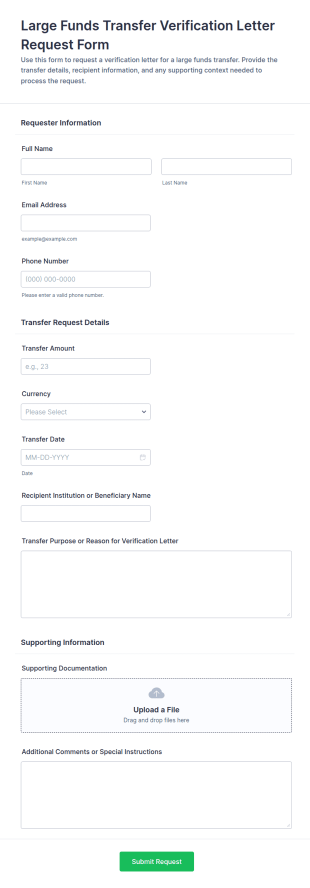 Large Funds Transfer Verification Letter Request Form Template
