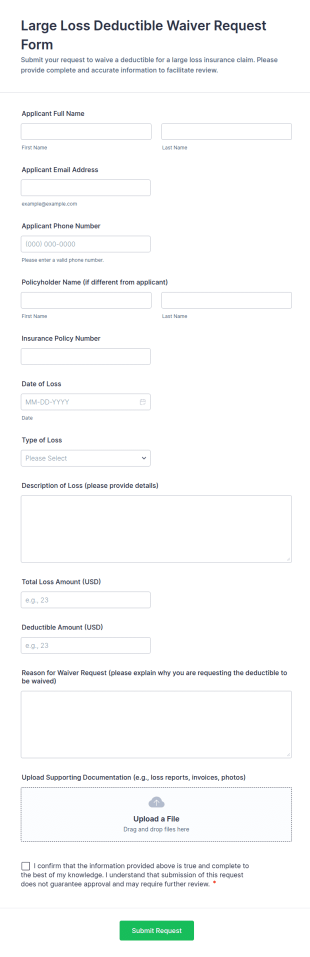 Large Loss Deductible Waiver Request Form Template