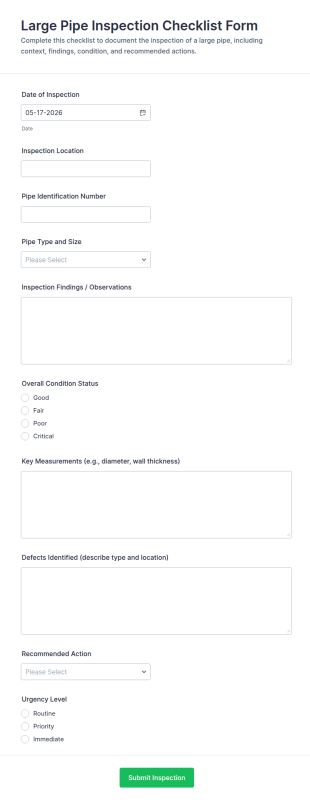Large Pipe Inspection Checklist Form Template