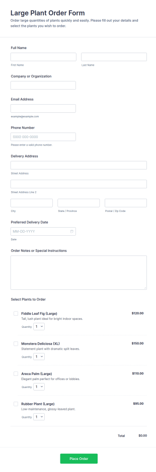 Large Plant Order Form Template
