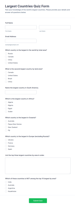 Largest Countries Quiz Form Template