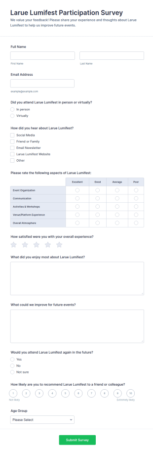 Larue Lumifest Participation Survey Form Template