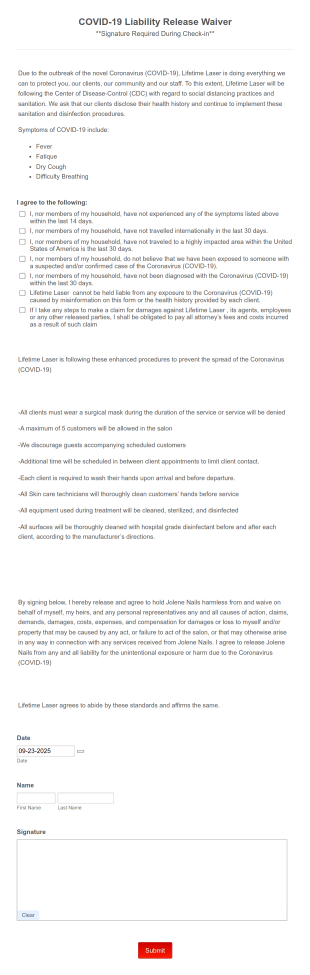 Laser COVID 19 Liability Release Waiver Form Template