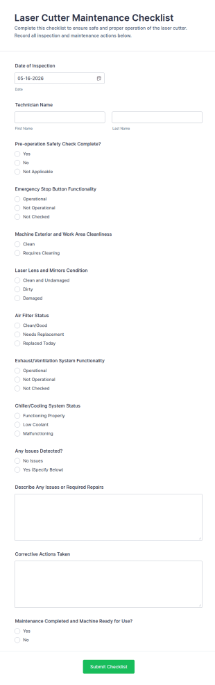 Laser Cutter Maintenance Checklist Form Template