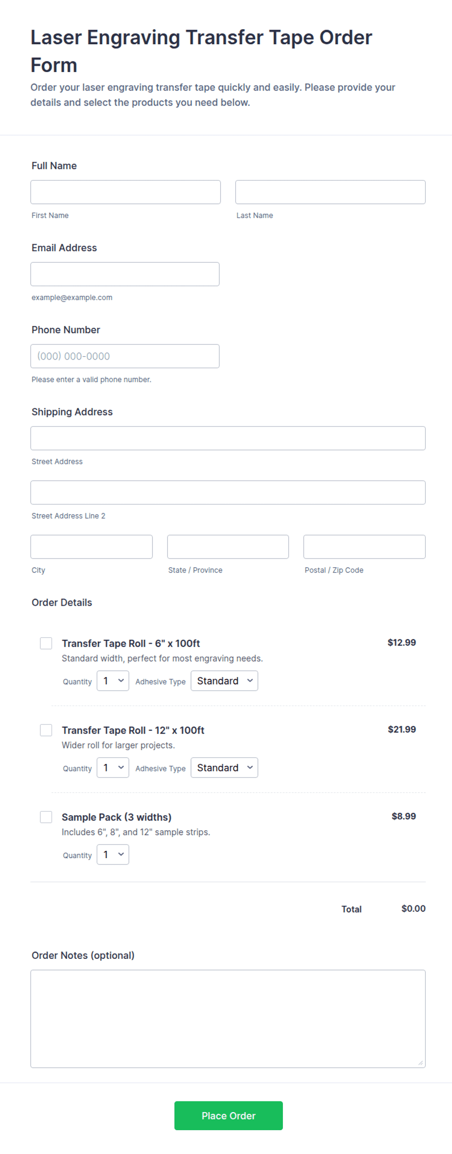 Laser Engraving Transfer Tape Order Form Template | Jotform