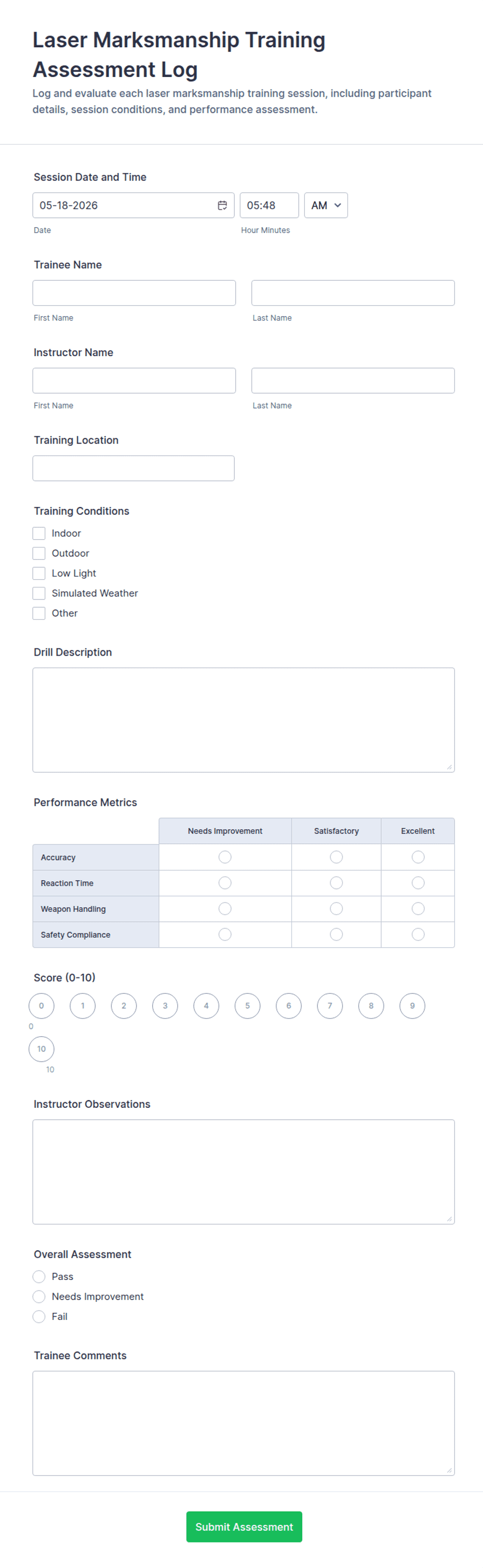 Laser Marksmanship Training Assessment Log Form Template | Jotform