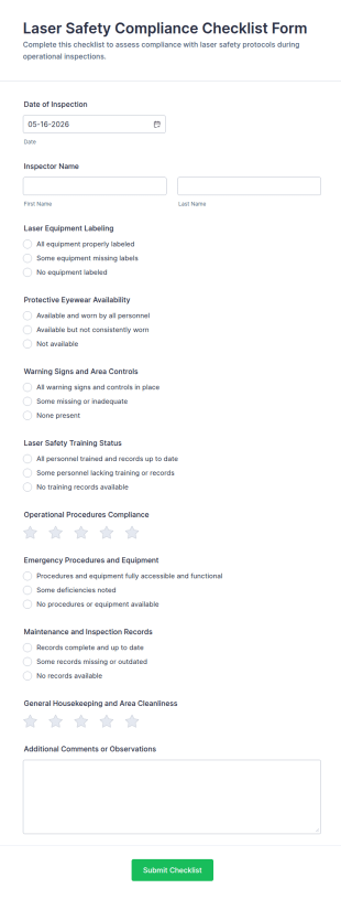 Laser Safety Compliance Checklist Form Template