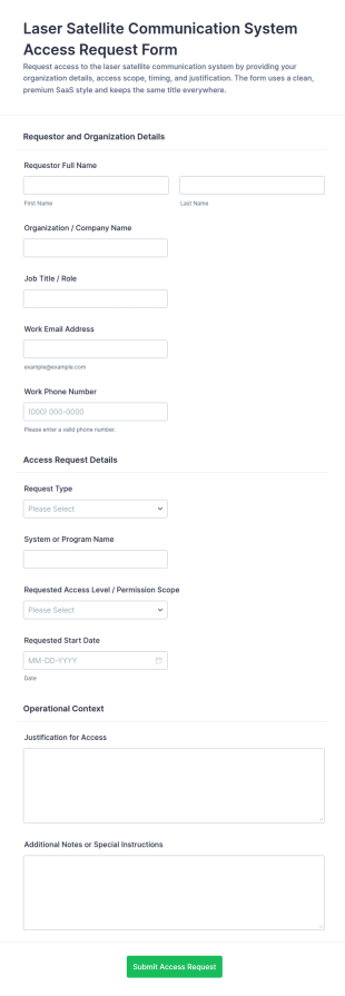 Laser Satellite Communication System Access Request Form Template