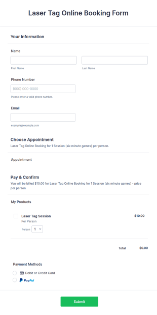 Laser Tag Online Booking Form Template