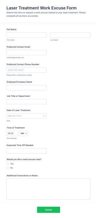 Laser Treatment Work Excuse Form Template