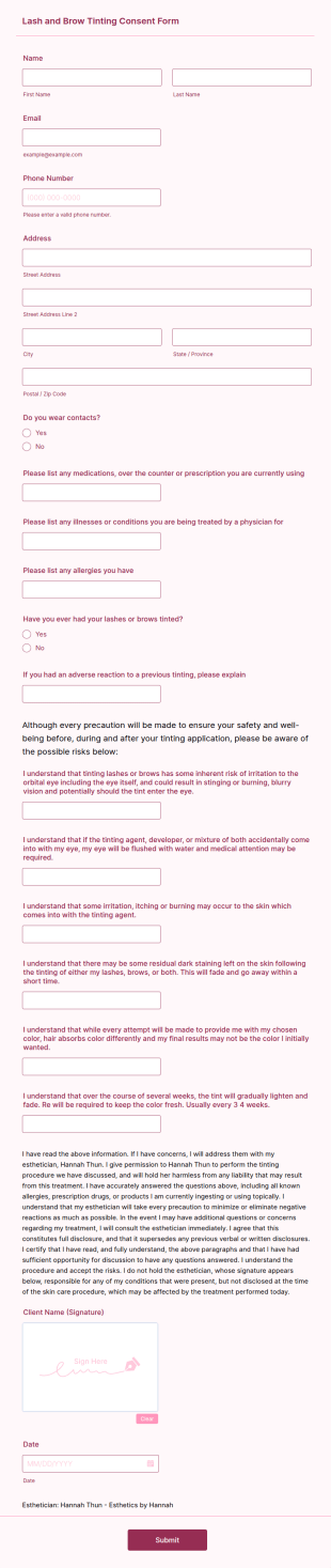 Lash And Brow Tint Consent Form Template