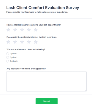 Lash Client Comfort Evaluation Survey Form Template