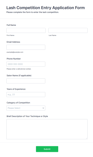 Lash Competition Entry Application Form Template