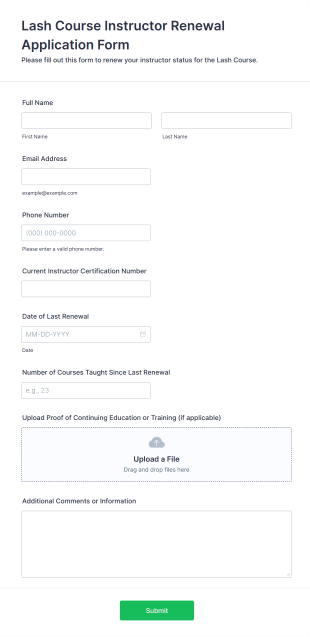 Lash Course Instructor Renewal Application Form Template
