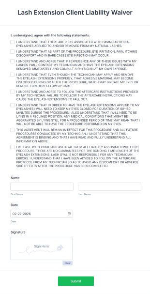 Lash Extension Client Liability Waiver Form Template
