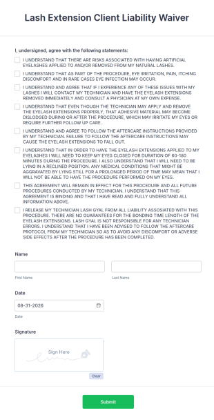 Eyelash Extension Client Liability Waiver Form Template