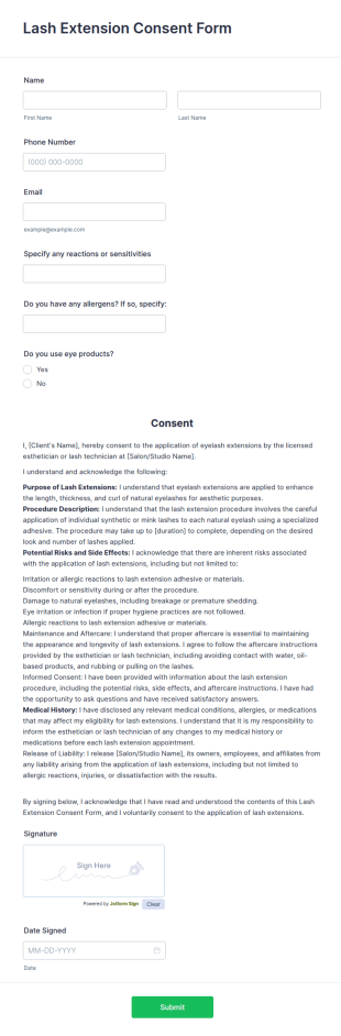 Lash Extension Consent Form Template