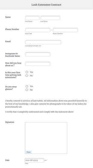 Lash Extension Contract Form Template