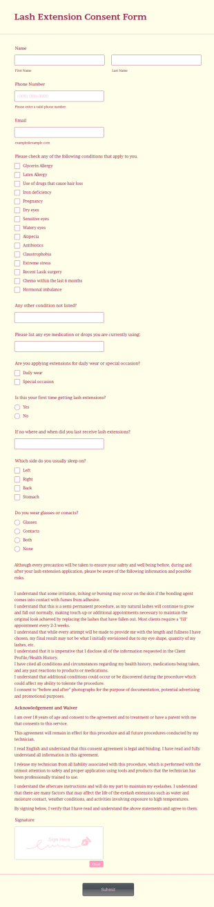Lash Extension Intake Form Template