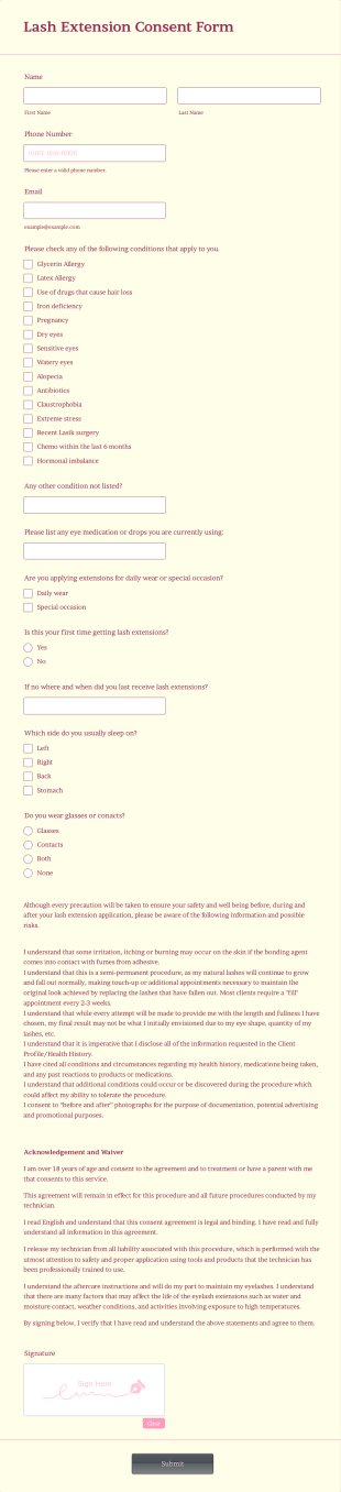 Lash Extension Intake Form Template