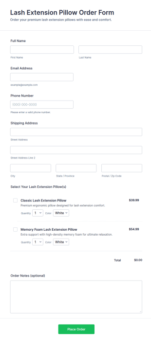 Lash Extension Pillow Order Form Template