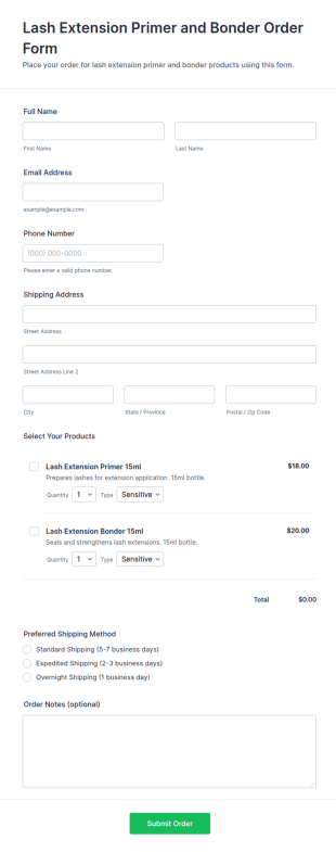 Lash Extension Primer And Bonder Order Form Template