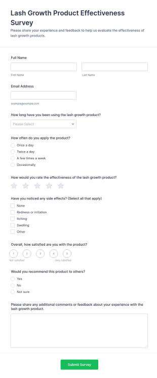 Lash Growth Product Effectiveness Survey Form Template