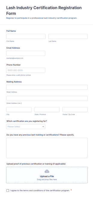 Lash Industry Certification Registration Form Template