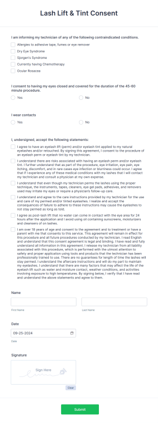 Lash Lift & Tint Consent Form Template