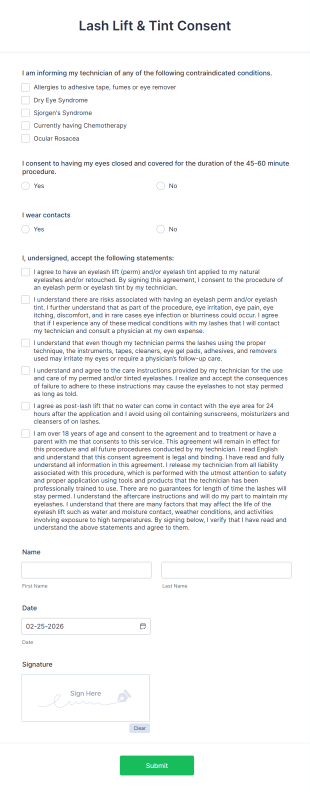Lash Lift & Tint Consent Form Template