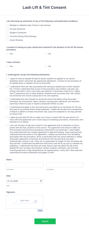 Lash Lift & Tint Consent Form Template