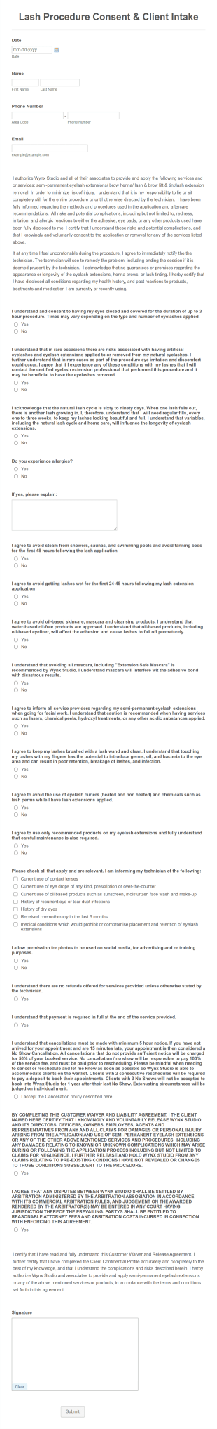 Lash Procedure Consent &amp Intake Form Template