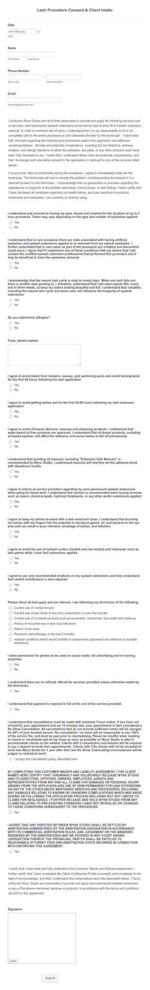 Lash Procedure Consent & Intake Form Template