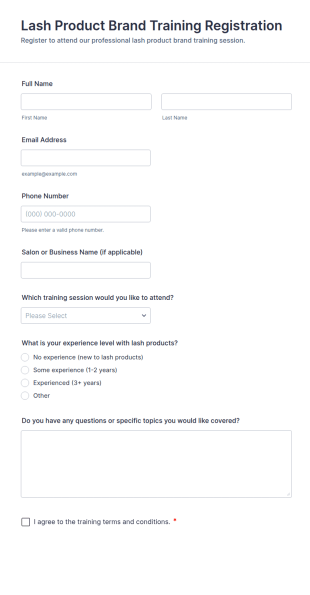 Lash Product Brand Training Registration Form Template
