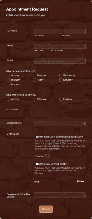 Lash Service Appointment Request Form Template