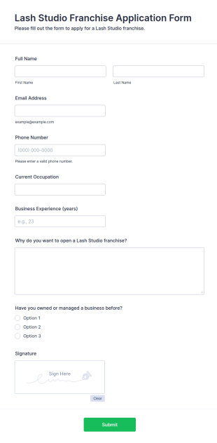 Lash Studio Franchise Application Form Template