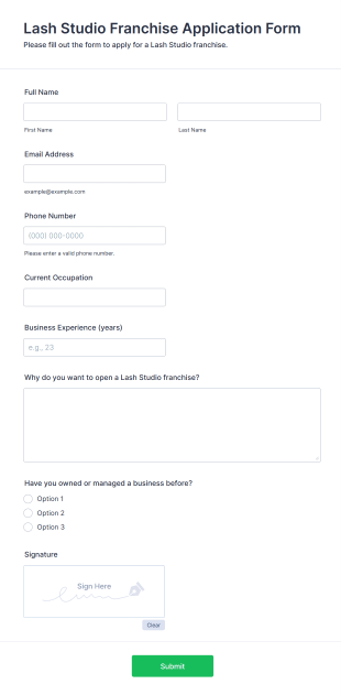 Lash Studio Franchise Application Form Form Template